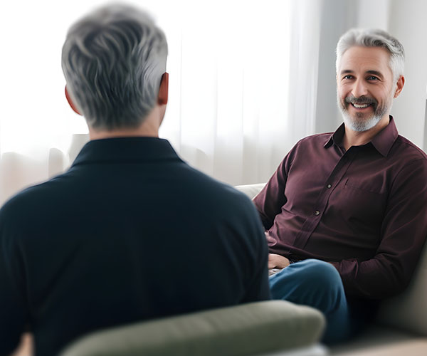 man sitting on couch in a conversation