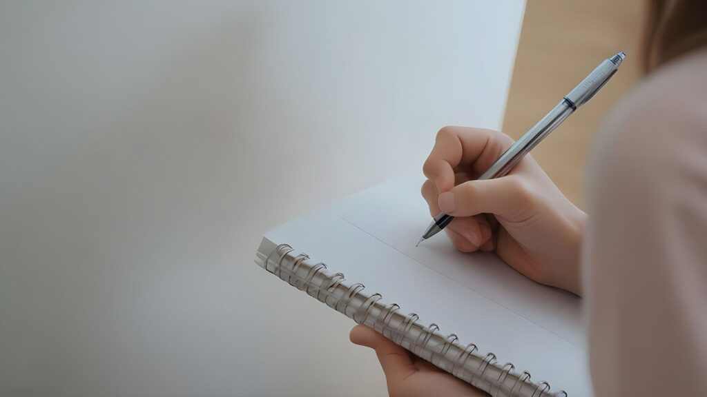 Image of person holding a pen and writing in a spiral notebook. Review our recommended resources.