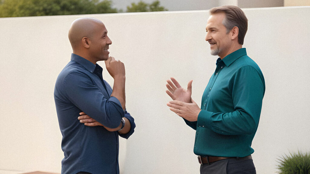 Two men in conversation outdoors