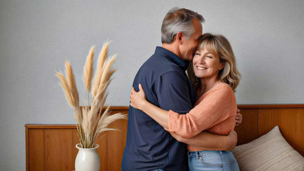 smiling couple in gentle embrace