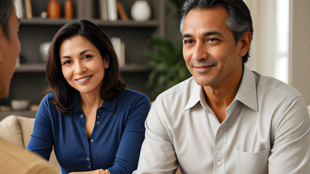 couple sitting on couch talking to a counselor