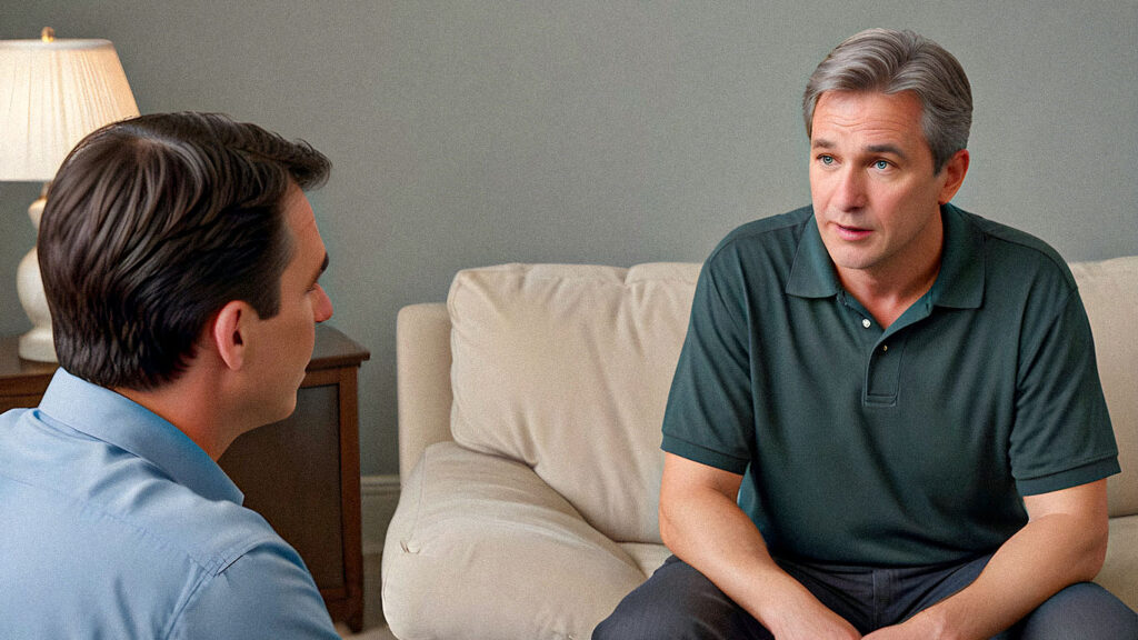 two men sitting across from each other having a conversation