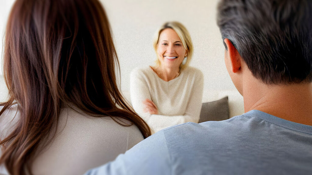 couple talking to counselor in casual environment