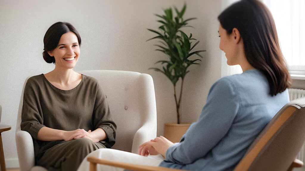 two women sitting in chairs having a conversation